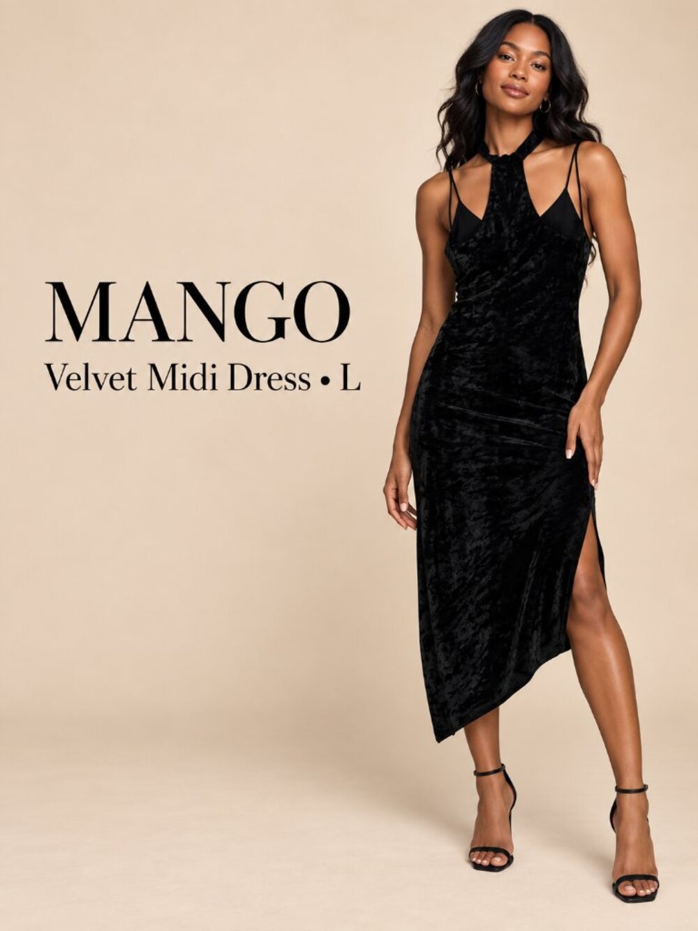 MANGO Black Velvet Racerback Asymmetrical Midi Dress‎ L